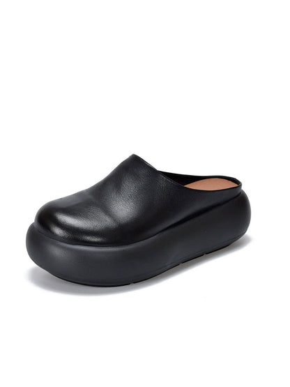 Women Summer Pure Color Soft Leather Platform Slippers