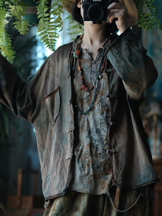 Women Autumn Tie-dye Stand Collar 100%Cotton Shirt