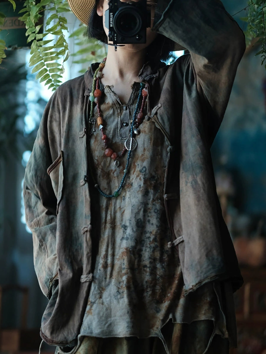 Women Autumn Tie-dye Stand Collar 100%Cotton Shirt