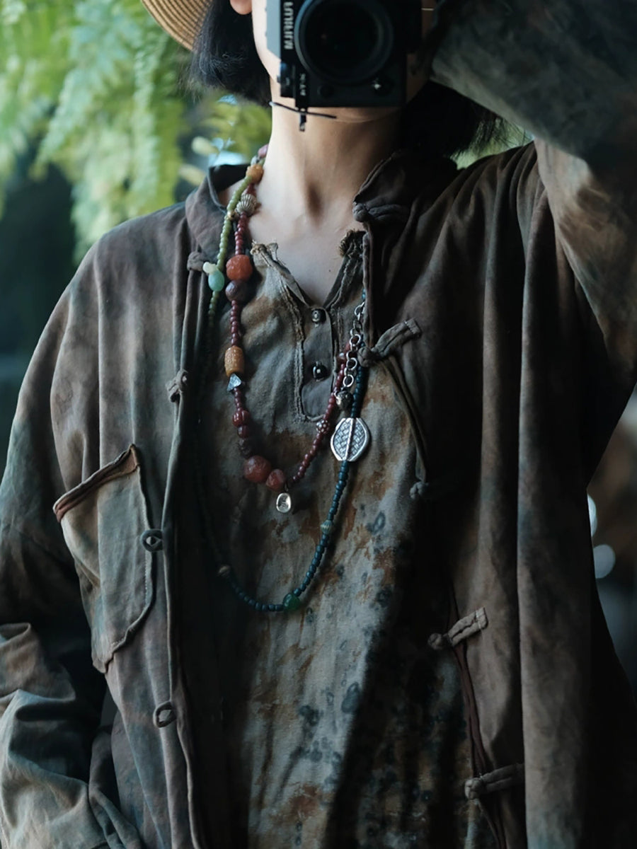 Women Autumn Tie-dye Stand Collar 100%Cotton Shirt