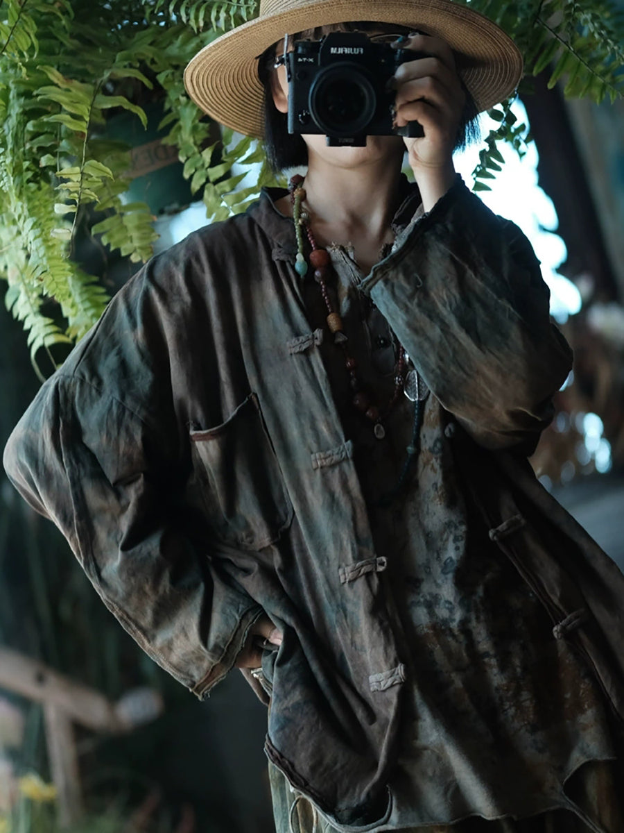 Women Autumn Tie-dye Stand Collar 100%Cotton Shirt