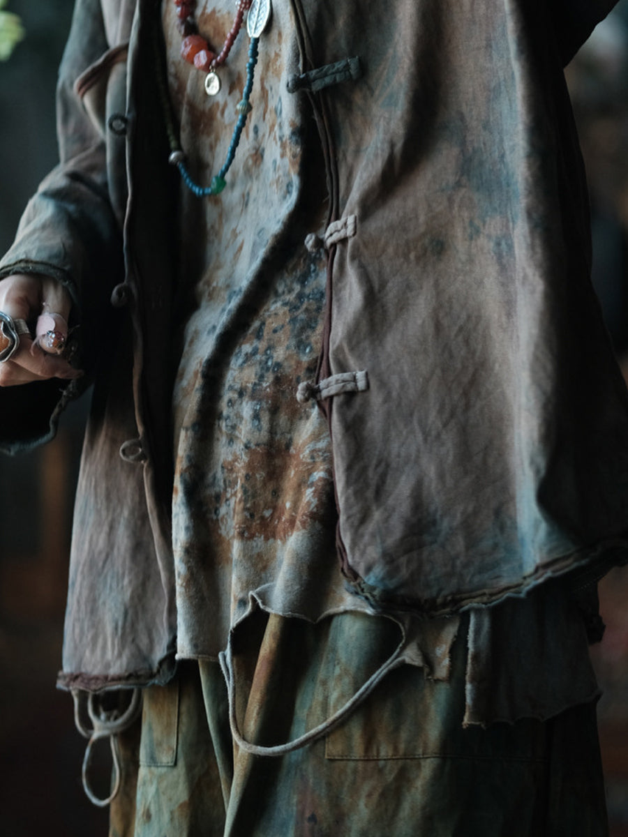 Women Autumn Tie-dye Stand Collar 100%Cotton Shirt