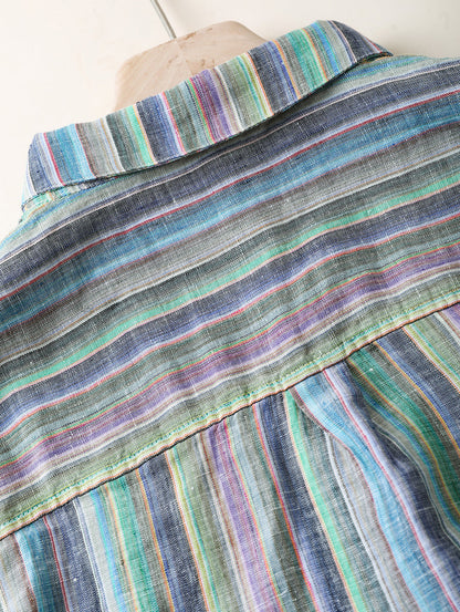 Women Summer Vintage Stripe Turn-down Collar 100%Linen Shirt