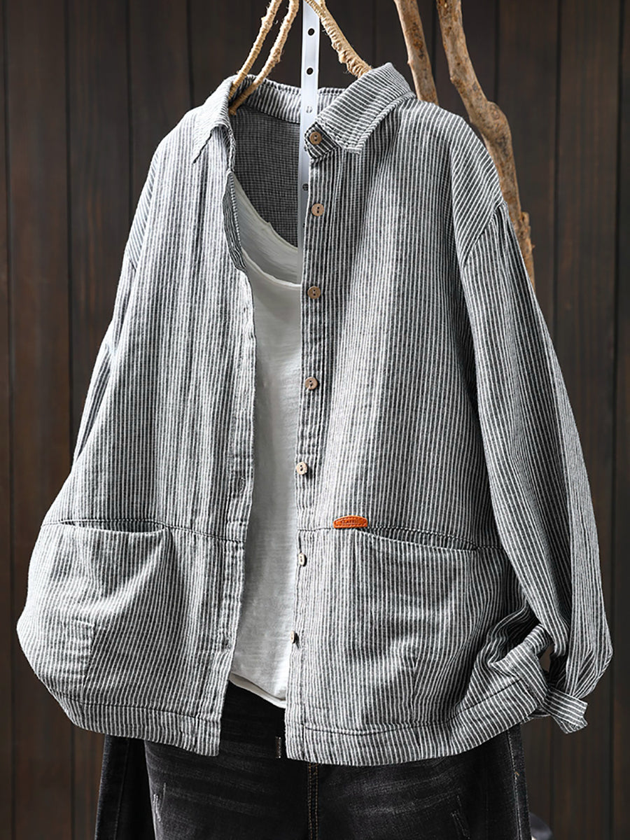 Women Autumn Stripe Turn-down Collar 100%Cotton Shirt
