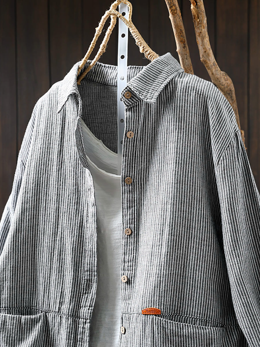 Women Autumn Stripe Turn-down Collar 100%Cotton Shirt