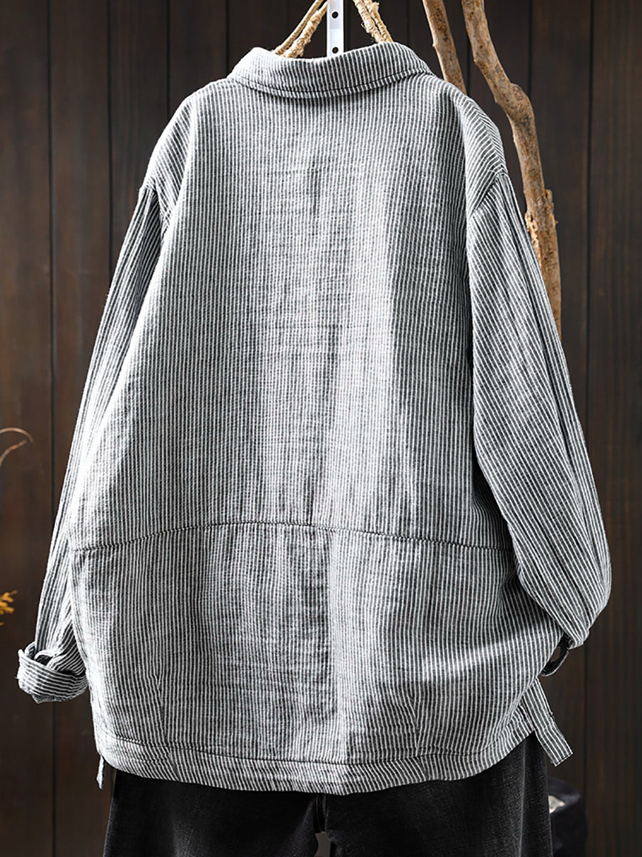 Women Autumn Stripe Turn-down Collar 100%Cotton Shirt