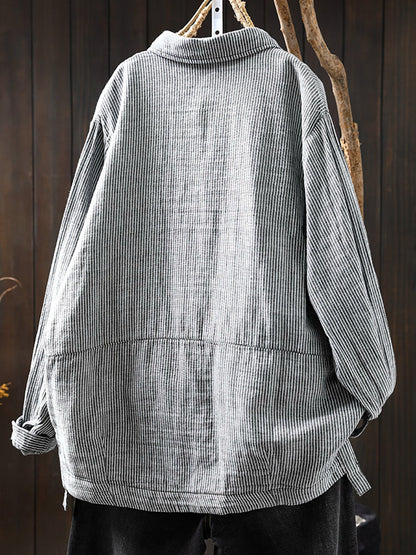 Women Autumn Stripe Turn-down Collar 100%Cotton Shirt