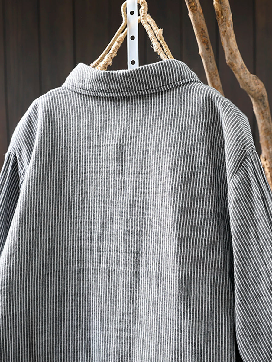Women Autumn Stripe Turn-down Collar 100%Cotton Shirt