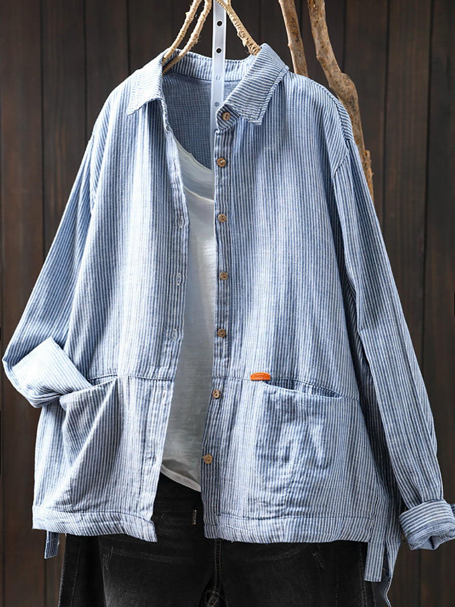 Women Autumn Stripe Turn-down Collar 100%Cotton Shirt