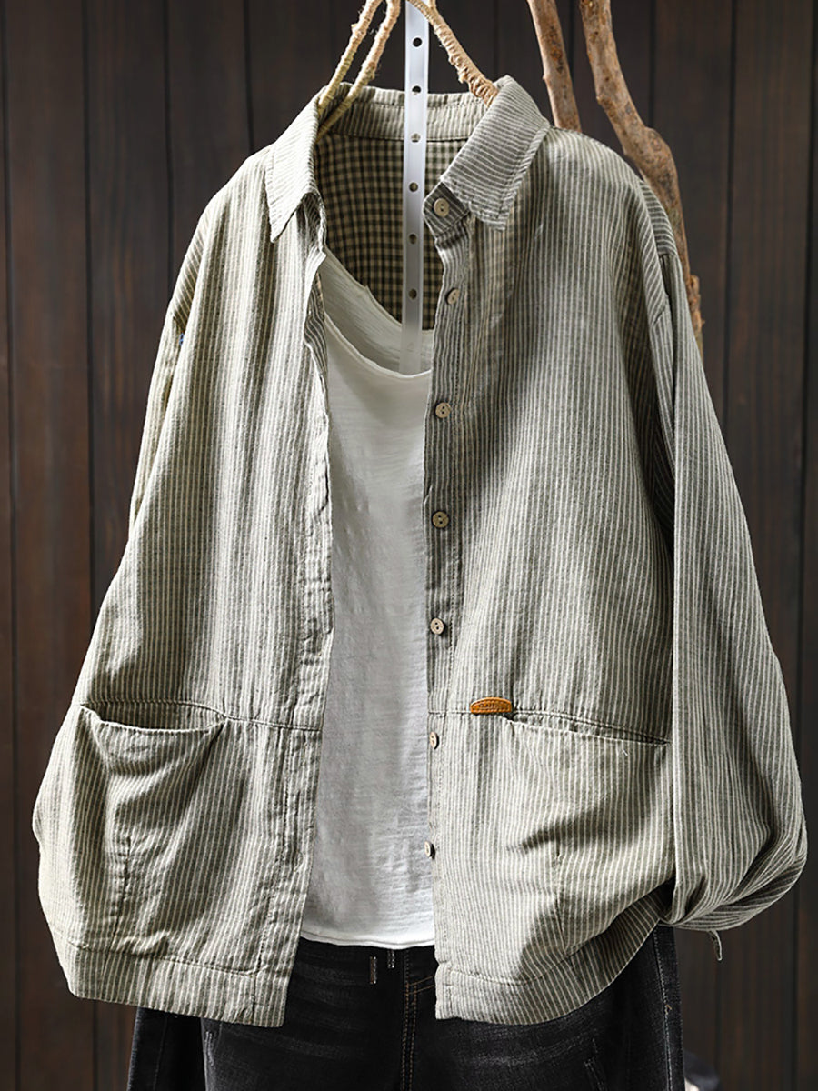 Women Autumn Stripe Turn-down Collar 100%Cotton Shirt