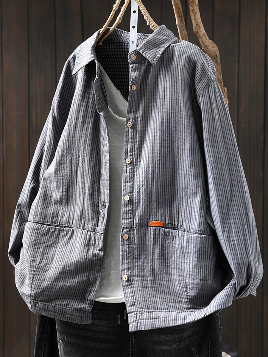 Women Autumn Stripe Turn-down Collar 100%Cotton Shirt