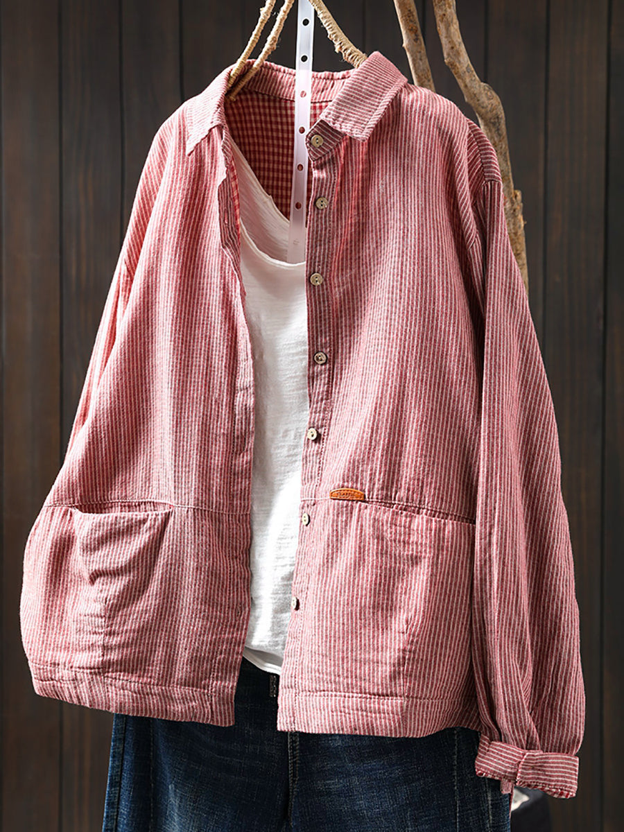 Women Autumn Stripe Turn-down Collar 100%Cotton Shirt