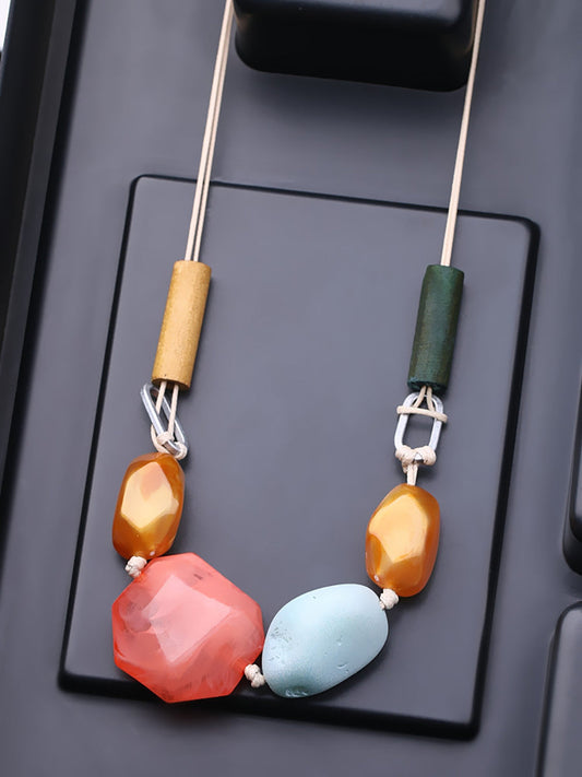 Women Ethnic Resin Stone Weave Necklace