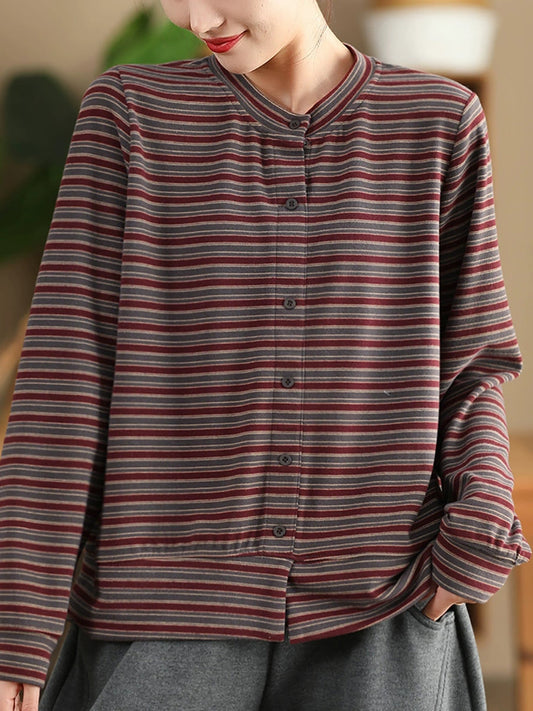 Women Autumn Artsy Stripe O-Neck Cardigan Blouse