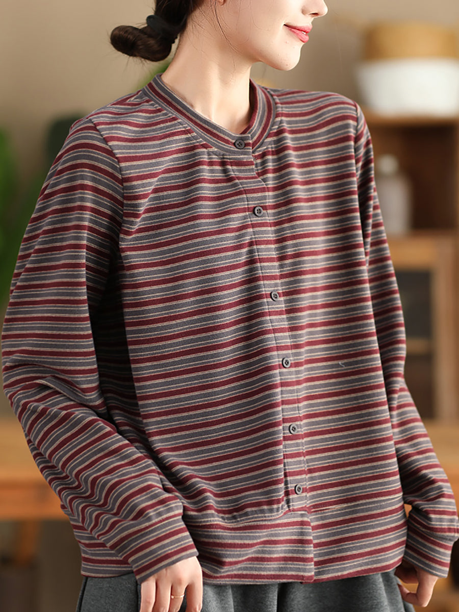 Women Autumn Artsy Stripe O-Neck Cardigan Blouse