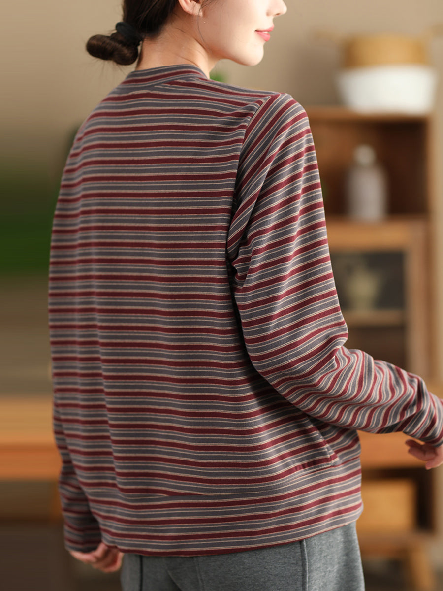 Women Autumn Artsy Stripe O-Neck Cardigan Blouse