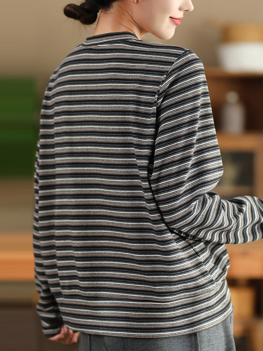 Women Autumn Artsy Stripe O-Neck Cardigan Blouse