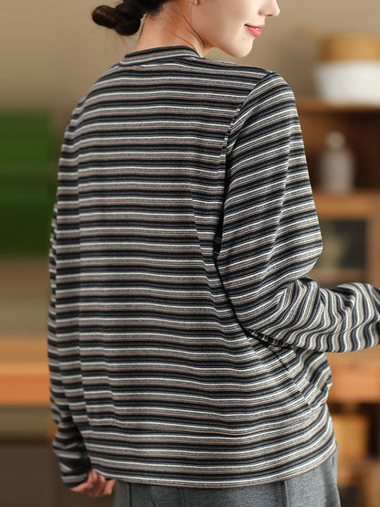 Women Autumn Artsy Stripe O-Neck Cardigan Blouse