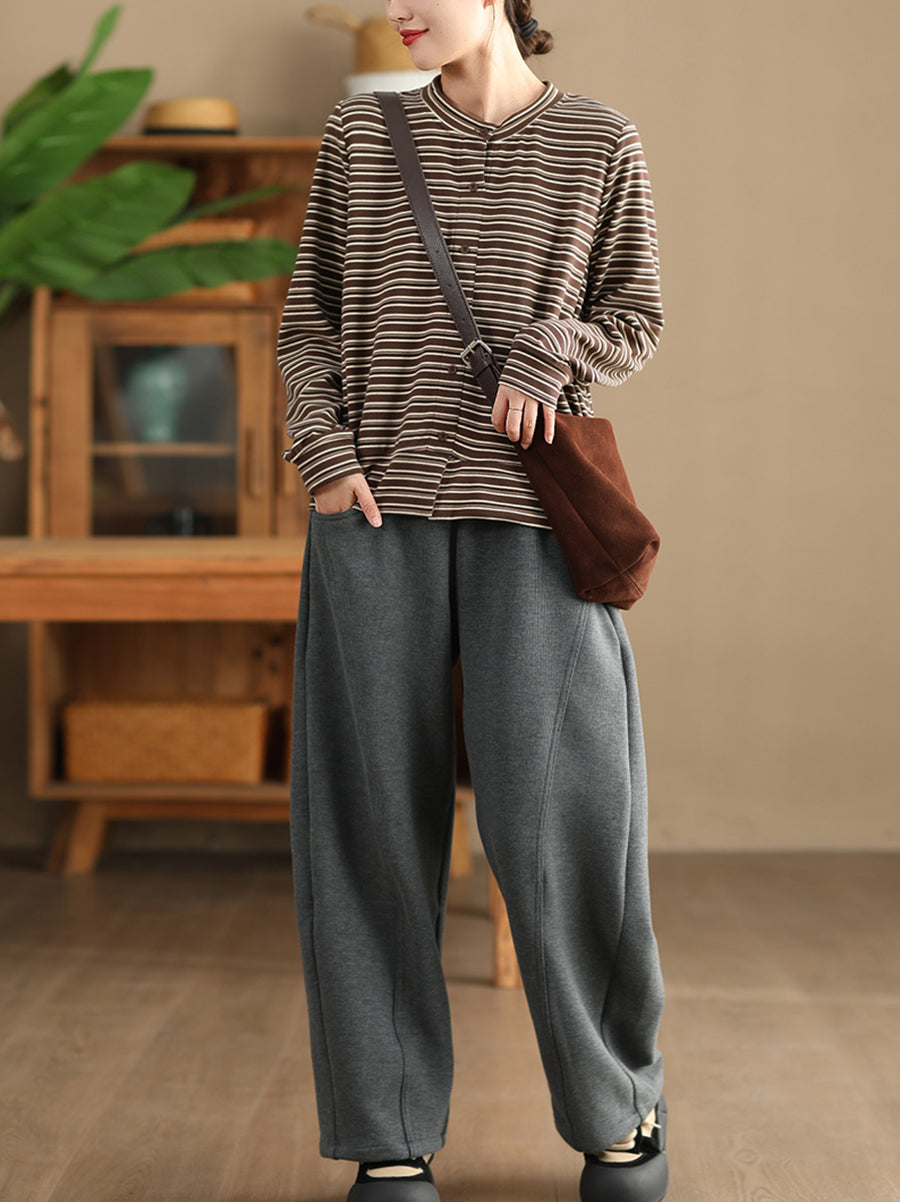 Women Autumn Artsy Stripe O-Neck Cardigan Blouse