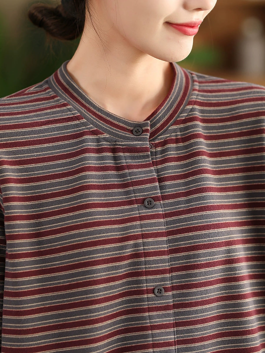 Women Autumn Artsy Stripe O-Neck Cardigan Blouse