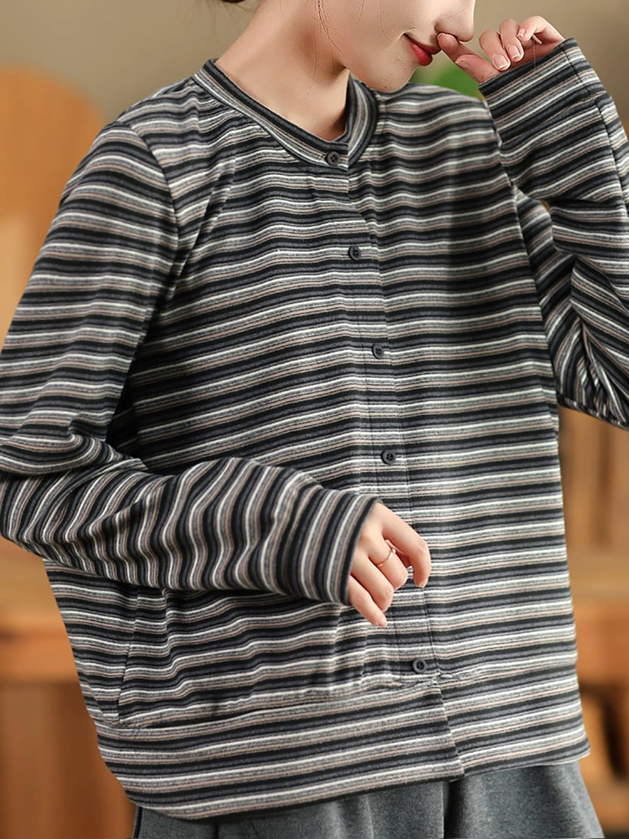 Women Autumn Artsy Stripe O-Neck Cardigan Blouse