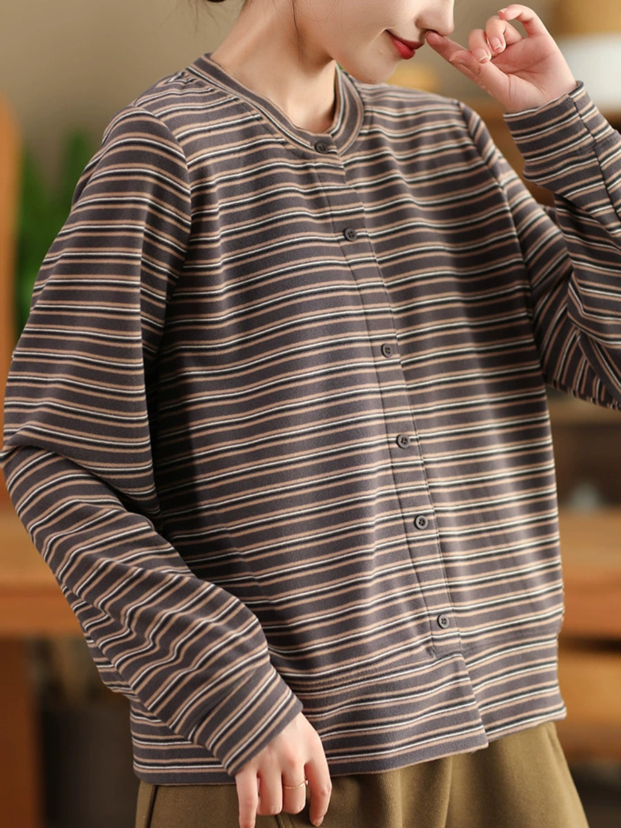 Women Autumn Artsy Stripe O-Neck Cardigan Blouse