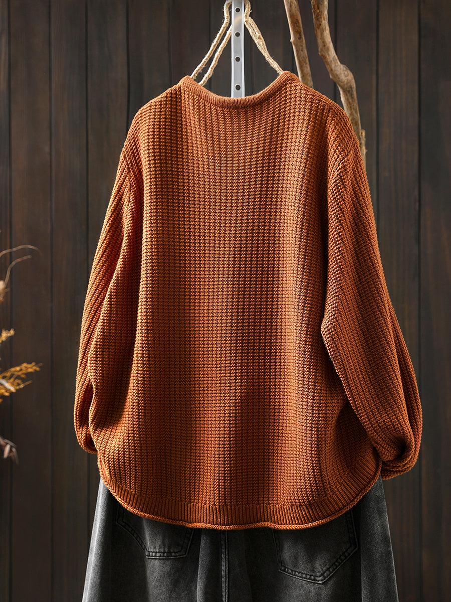 Women Autumn Artsy Pure Color Knitted V-Neck Sweater