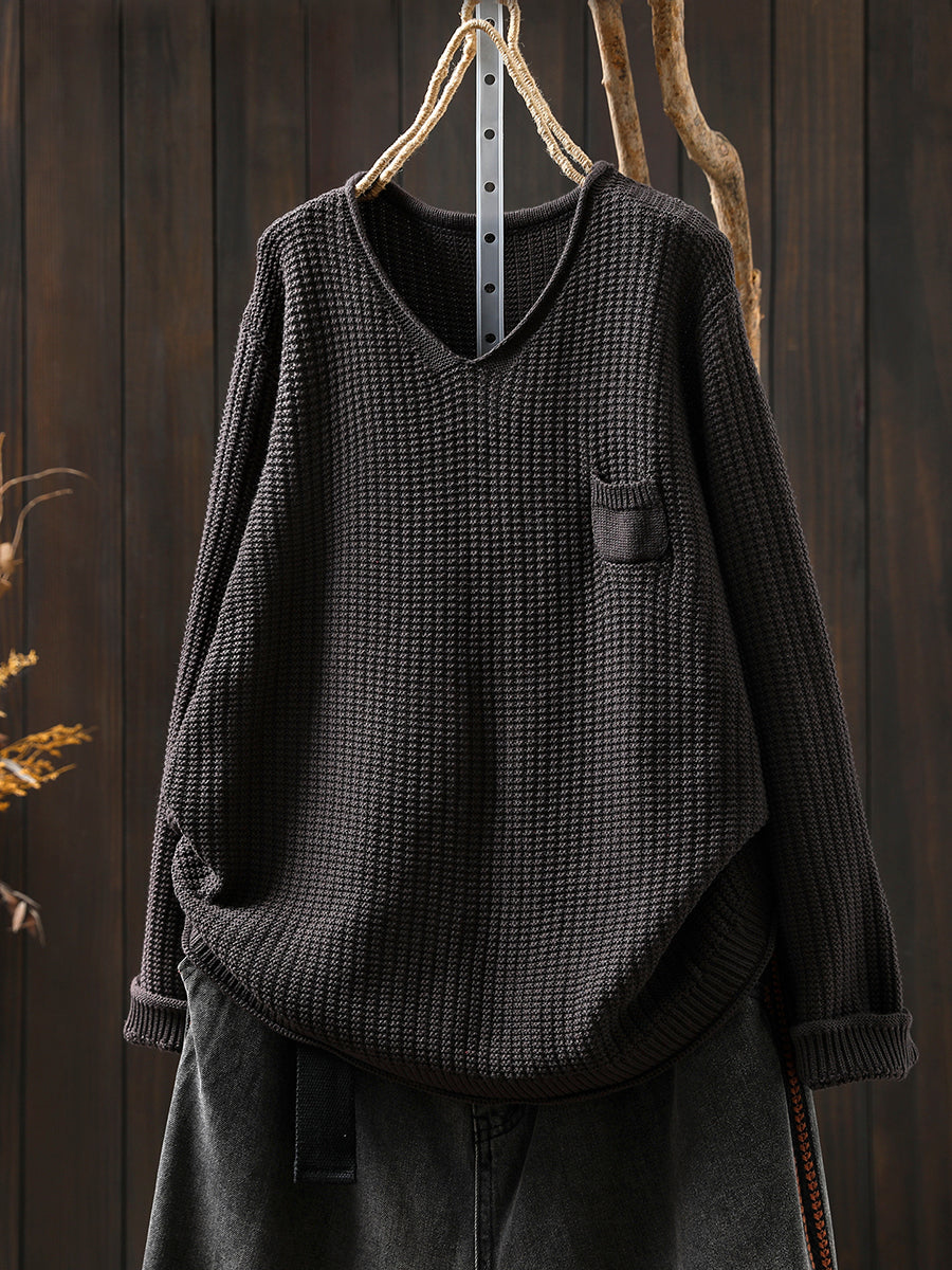 Women Autumn Artsy Pure Color Knitted V-Neck Sweater