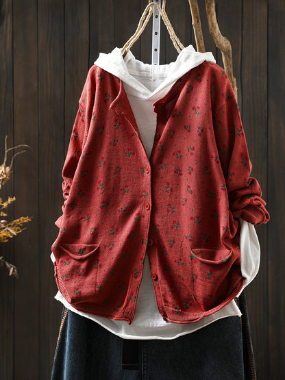 Women Autumn Artsy Floral Knitted O-Neck Sweater