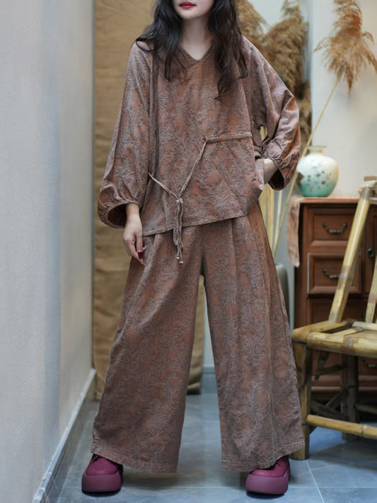 Women Autumn Ethnic Flower Jacquard V-Neck Loose Suits