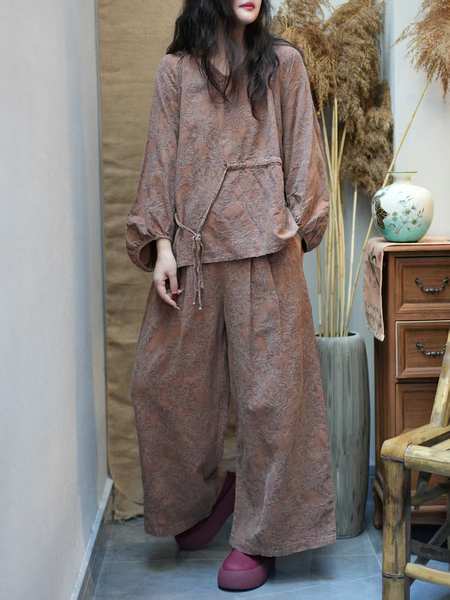 Women Autumn Ethnic Flower Jacquard V-Neck Loose Suits