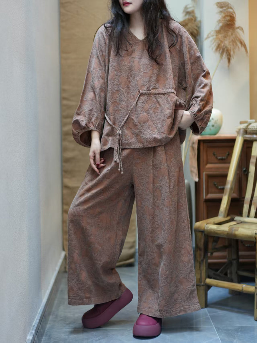 Women Autumn Ethnic Flower Jacquard V-Neck Loose Suits