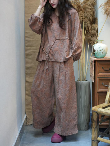 Women Autumn Ethnic Flower Jacquard V-Neck Loose Suits