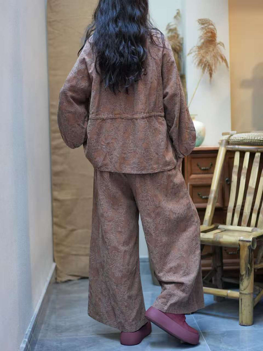 Women Autumn Ethnic Flower Jacquard V-Neck Loose Suits