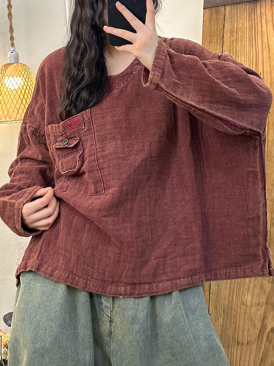 Women Autumn Retro Embroidery O-Neck Linen Shirt