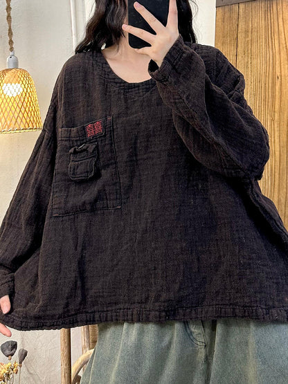 Women Autumn Retro Embroidery O-Neck Linen Shirt