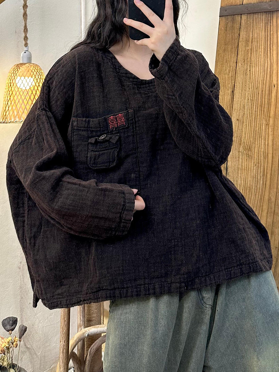 Women Autumn Retro Embroidery O-Neck Linen Shirt