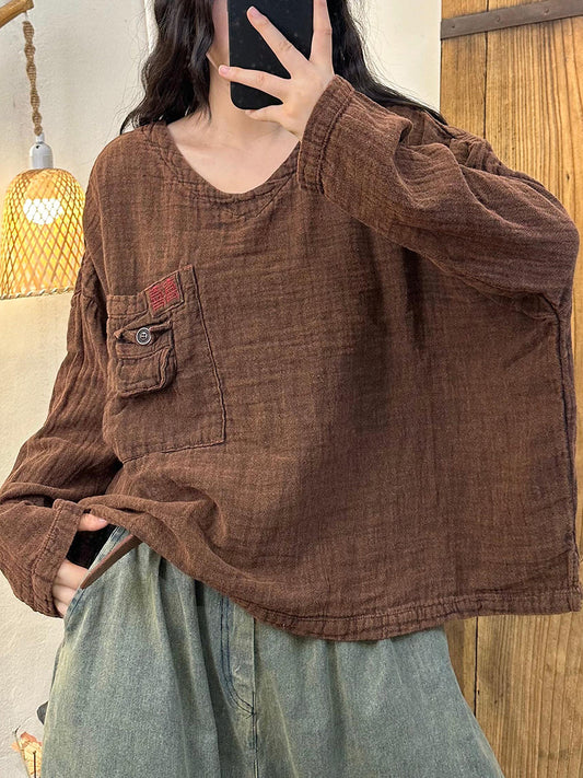 Women Autumn Retro Embroidery O-Neck Linen Shirt