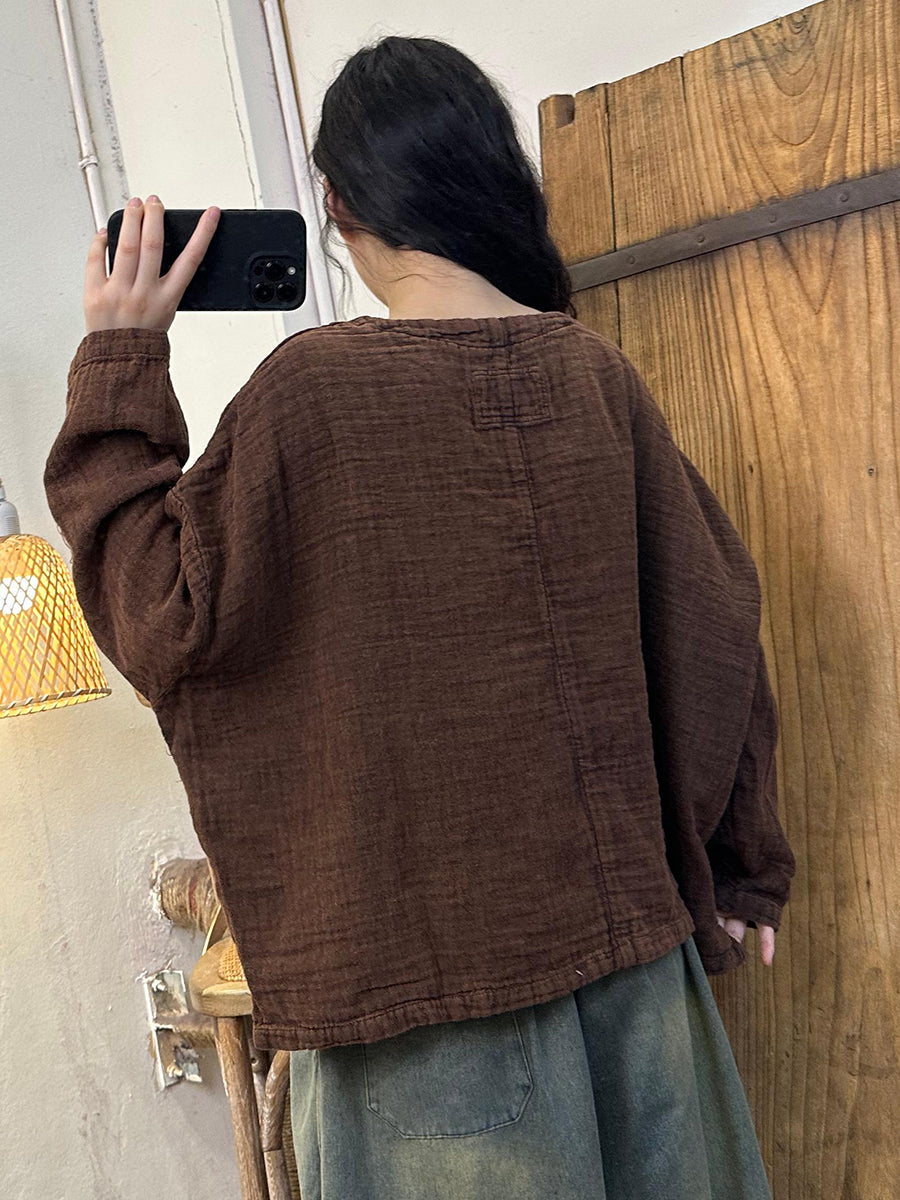 Women Autumn Retro Embroidery O-Neck Linen Shirt