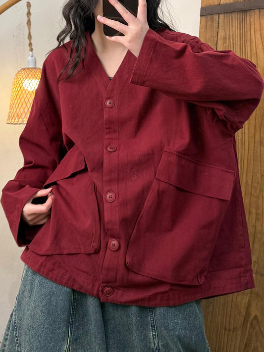 Women Autumn Casual Pure Color Cotton Linen V-Neck Coat