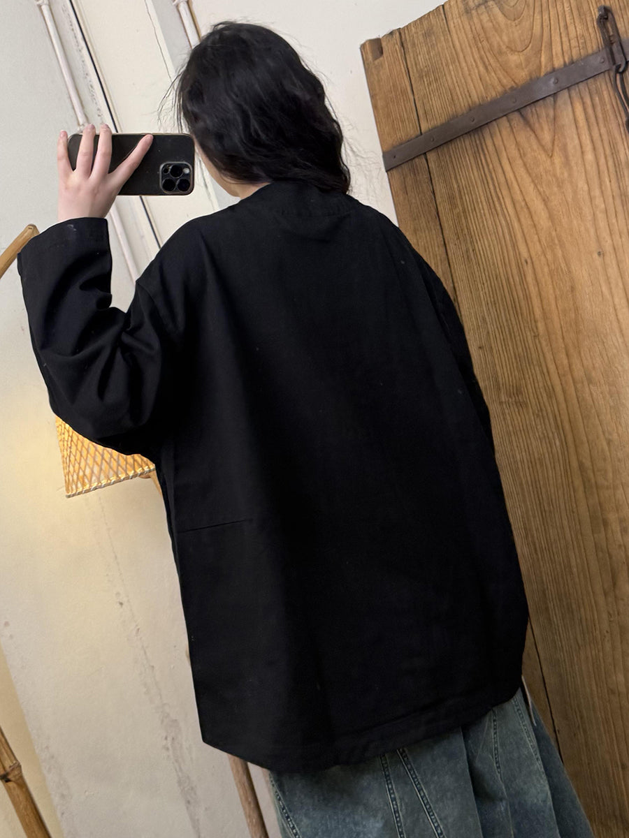 Women Autumn Casual Pure Color Cotton Linen V-Neck Coat