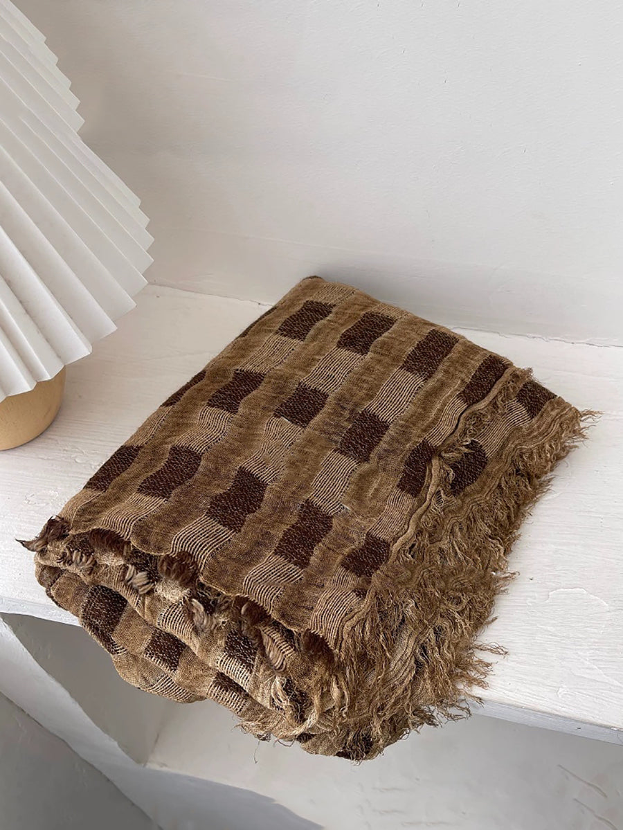 Women Vintage Plaid Tassel Shawl Scarf