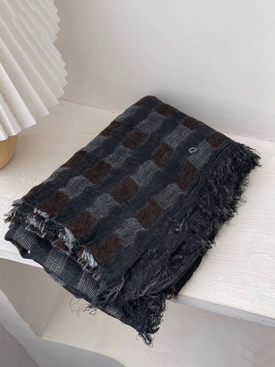 Women Vintage Plaid Tassel Shawl Scarf