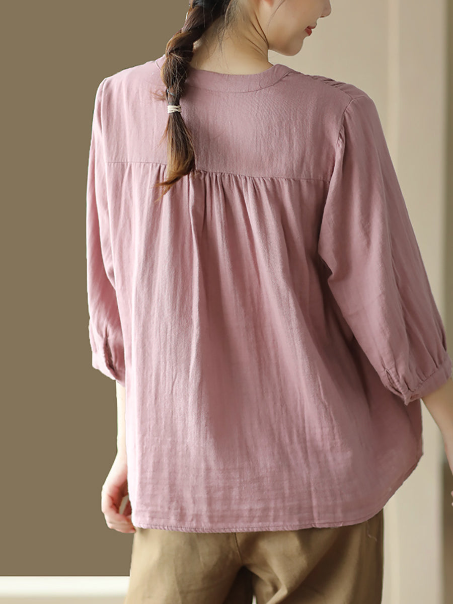 Women Autumn Artsy Shirred O-Neck 100%Cotton Shirt