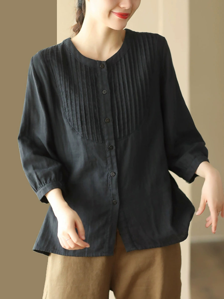 Women Autumn Artsy Shirred O-Neck 100%Cotton Shirt