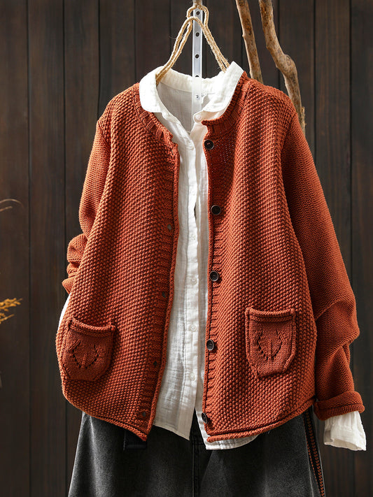 Women Autumn Artsy Pure Color Knitted O-Neck Sweater