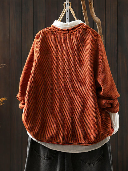 Women Autumn Artsy Pure Color Knitted O-Neck Sweater