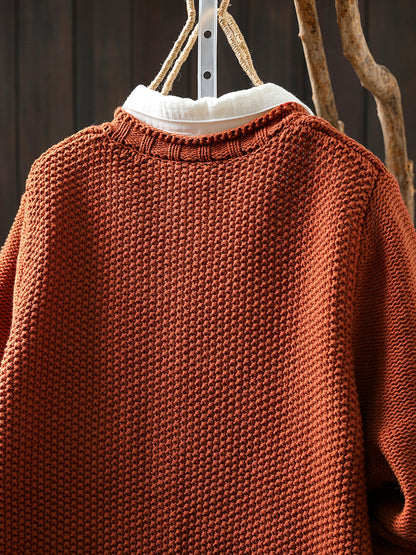 Women Autumn Artsy Pure Color Knitted O-Neck Sweater