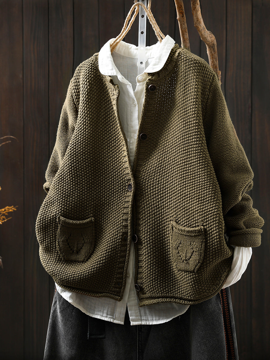 Women Autumn Artsy Pure Color Knitted O-Neck Sweater