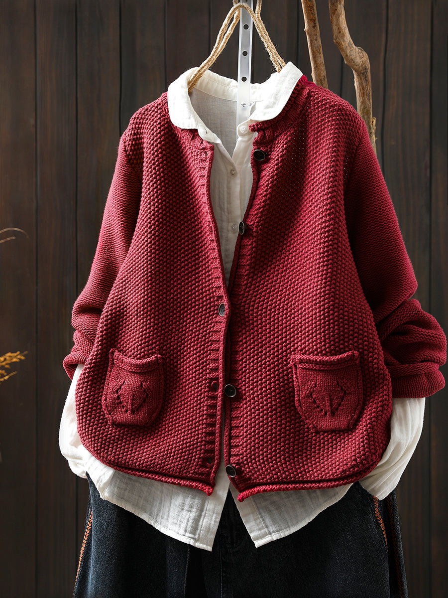 Women Autumn Artsy Pure Color Knitted O-Neck Sweater